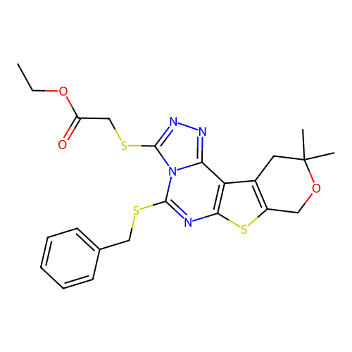 ethyl {[5-(benzylsulfanyl)-10,10-dimethyl-10,11-dihydro-8H-pyrano[4',3':4,5]thieno[3,2-e][1,2,4]triazolo[4,3-c]pyrimidin-3-yl]sulfanyl}acetate structure