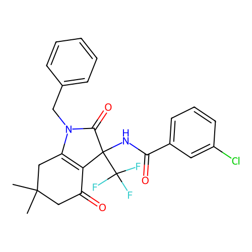 N-[1-benzyl-6,6-dimethyl-2,4-dioxo-3-(trifluoromethyl)-2,3,4,5,6,7-hexahydro-1H-indol-3-yl]-3-chlorobenzamide structure