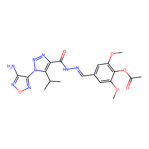(E)-4-((2-(1-(4-amino-1,2,5-oxadiazol-3-yl)-5-isopropyl-1H-1,2,3-triazole-4-carbonyl)hydrazono)methyl)-2,6-dimethoxyphenyl acetate structure