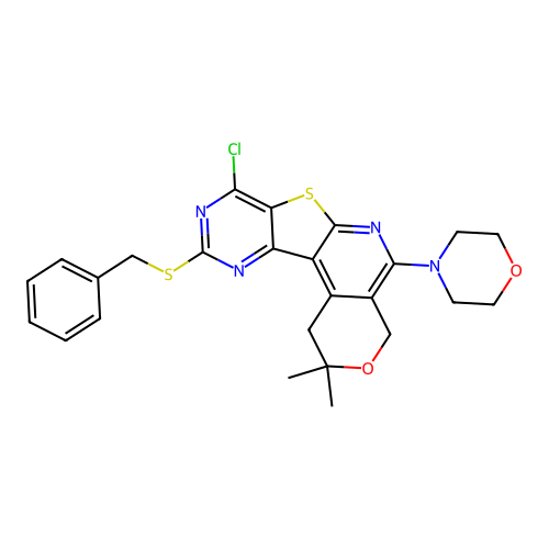 10-(benzylsulfanyl)-8-chloro-2,2-dimethyl-5-(morpholin-4-yl)-1,4-dihydro-2H-pyrano[4'',3'':4',5']pyrido[3',2':4,5]thieno[3,2-d]pyrimidine structure