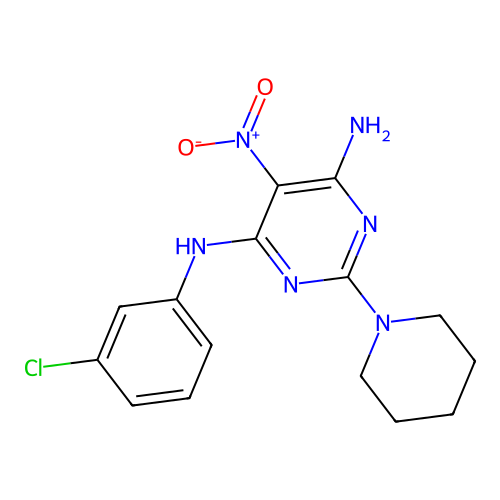 (6-Amino-5-nitro-2-piperidylpyrimidin-4-yl)(3-chlorophenyl)amine structure