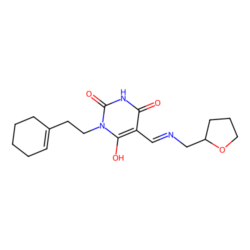 (5Z)-3-[2-(cyclohex-1-en-1-yl)ethyl]-6-hydroxy-5-{[(tetrahydrofuran-2-ylmethyl)amino]methylidene}pyrimidine-2,4(3H,5H)-dione structure