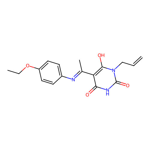 (Z)-1-allyl-5-(1-((4-ethoxyphenyl)amino)ethylidene)pyrimidine-2,4,6(1H,3H,5H)-trione structure