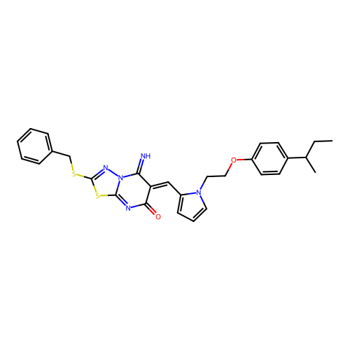(6Z)-2-(benzylsulfanyl)-6-[(1-{2-[4-(butan-2-yl)phenoxy]ethyl}-1H-pyrrol-2-yl)methylidene]-5-imino-5,6-dihydro-7H-[1,3,4]thiadiazolo[3,2-a]pyrimidin-7-one structure