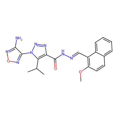 1-(4-amino-1,2,5-oxadiazol-3-yl)-N-[(E)-(2-methoxynaphthalen-1-yl)methylideneamino]-5-propan-2-yltriazole-4-carboxamide structure