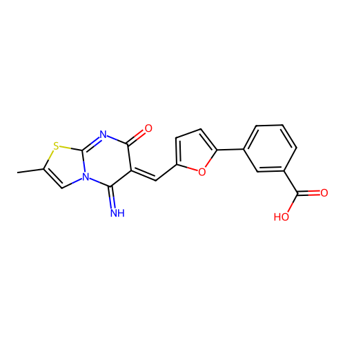 (Z)-3-(5-((5-imino-2-methyl-7-oxo-5H-thiazolo[3,2-a]pyrimidin-6(7H)-ylidene)methyl)furan-2-yl)benzoic acid structure