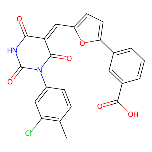 3-(5-{(Z)-[1-(3-chloro-4-methylphenyl)-2,4,6-trioxotetrahydropyrimidin-5(2H)-ylidene]methyl}furan-2-yl)benzoic acid structure