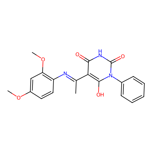 (Z)-5-(1-((2,4-dimethoxyphenyl)amino)ethylidene)-1-phenylpyrimidine-2,4,6(1H,3H,5H)-trione structure