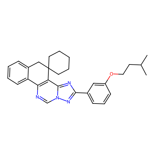2-(3-(isopentyloxy)phenyl)-5H-spiro[benzo[h][1,2,4]triazolo[1,5-c]quinazoline-4,1'-cyclohexane] structure
