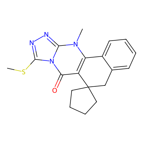 12-methyl-9-(methylsulfanyl)-5H-spiro[benzo[h][1,2,4]triazolo[3,4-b]quinazoline-6,1'-cyclopentan]-7(12H)-one structure