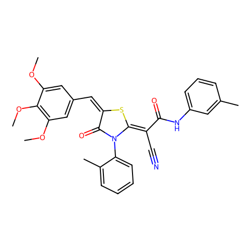 (2Z)-2-cyano-N-(3-methylphenyl)-2-[(5E)-3-(2-methylphenyl)-4-oxo-5-(3,4,5-trimethoxybenzylidene)-1,3-thiazolidin-2-ylidene]ethanamide structure