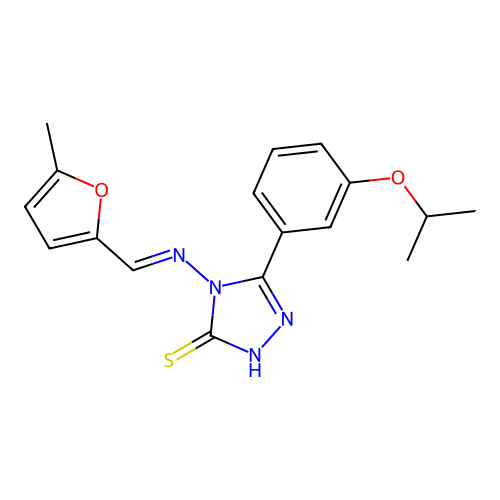 (E)-5-(3-isopropoxyphenyl)-4-(((5-methylfuran-2-yl)methylene)amino)-4H-1,2,4-triazole-3-thiol structure