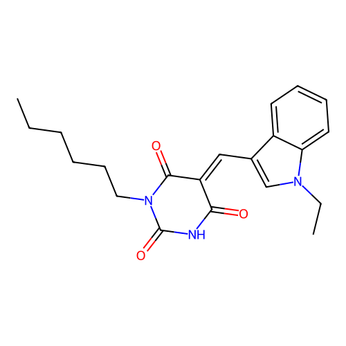 5-[(1-ethylindol-3-yl)methylidene]-1-hexyl-1,3-diazinane-2,4,6-trione structure