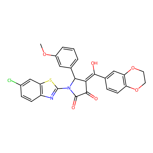 (4E)-1-(6-chloro-1,3-benzothiazol-2-yl)-4-[2,3-dihydro-1,4-benzodioxin-6-yl(hydroxy)methylidene]-5-(3-methoxyphenyl)pyrrolidine-2,3-dione structure