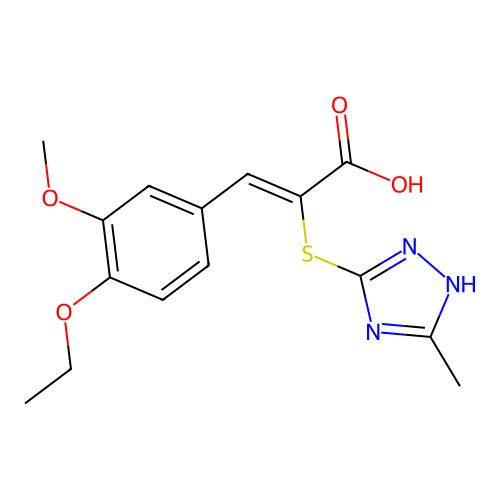 (Z)-3-(4-ethoxy-3-methoxyphenyl)-2-((5-methyl-4H-1,2,4-triazol-3-yl)thio)acrylic acid structure
