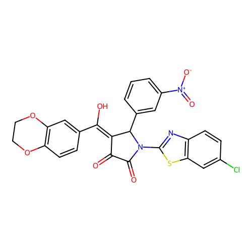 (4E)-1-(6-chloro-1,3-benzothiazol-2-yl)-4-[2,3-dihydro-1,4-benzodioxin-6-yl(hydroxy)methylidene]-5-(3-nitrophenyl)pyrrolidine-2,3-dione structure