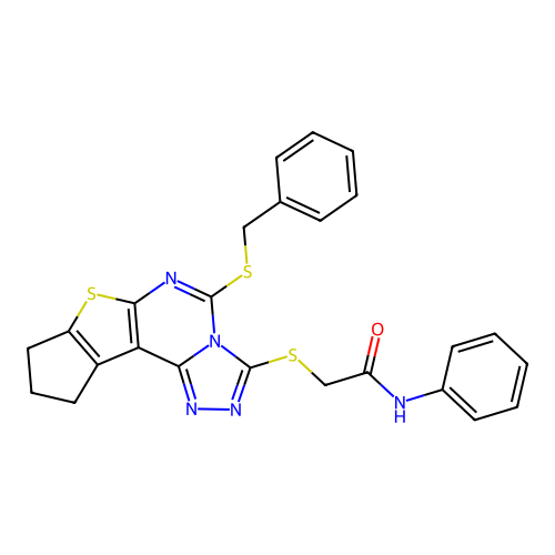 2-((5-(benzylthio)-9,10-dihydro-8H-cyclopenta[4,5]thieno[3,2-e][1,2,4]triazolo[4,3-c]pyrimidin-3-yl)thio)-N-phenylacetamide structure
