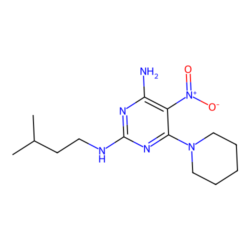 N~2~-(3-methylbutyl)-5-nitro-6-(piperidin-1-yl)pyrimidine-2,4-diamine structure