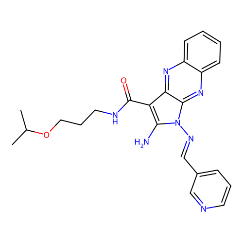 (E)-2-amino-N-(3-isopropoxypropyl)-1-((pyridin-3-ylmethylene)amino)-1H-pyrrolo[2,3-b]quinoxaline-3-carboxamide structure