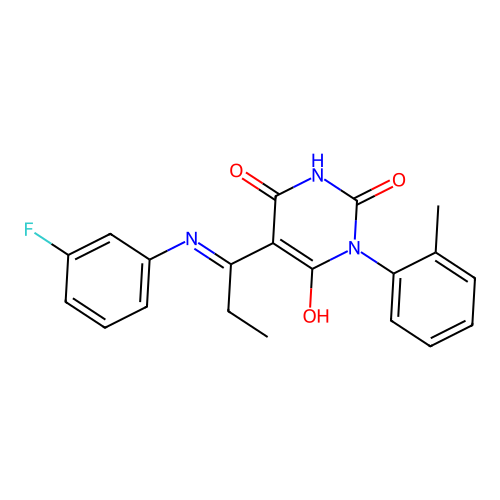 (5E)-5-[1-(3-fluoroanilino)propylidene]-1-(2-methylphenyl)-1,3-diazinane-2,4,6-trione structure