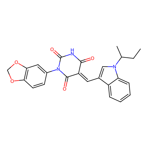(E)-1-(benzo[d][1,3]dioxol-5-yl)-5-((1-(sec-butyl)-1H-indol-3-yl)methylene)pyrimidine-2,4,6(1H,3H,5H)-trione structure