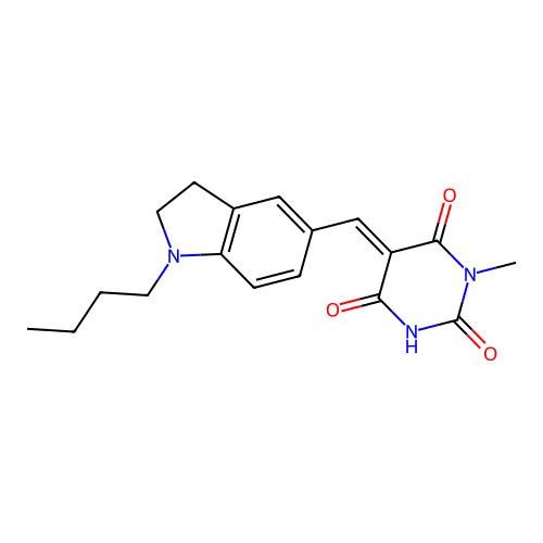 (5E)-5-[(1-butyl-2,3-dihydroindol-5-yl)methylidene]-1-methyl-1,3-diazinane-2,4,6-trione structure