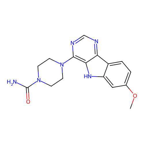 4-(7-methoxy-5H-pyrimido[5,4-b]indol-4-yl)piperazine-1-carboxamide structure