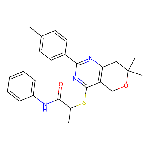 2-((7,7-dimethyl-2-(p-tolyl)-7,8-dihydro-5H-pyrano[4,3-d]pyrimidin-4-yl)thio)-N-phenylpropanamide structure