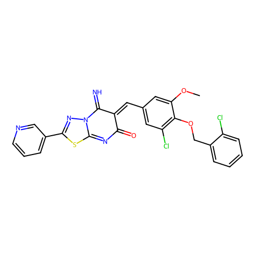 (Z)-6-(3-chloro-4-((2-chlorobenzyl)oxy)-5-methoxybenzylidene)-5-imino-2-(pyridin-3-yl)-5H-[1,3,4]thiadiazolo[3,2-a]pyrimidin-7(6H)-one structure