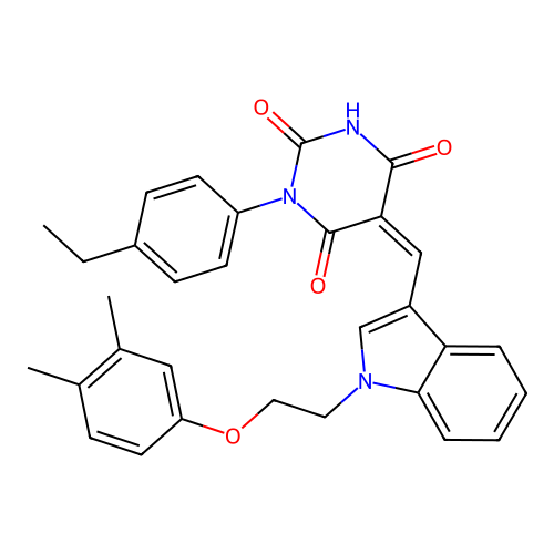 (5Z)-5-({1-[2-(3,4-dimethylphenoxy)ethyl]-1H-indol-3-yl}methylidene)-3-(4-ethylphenyl)-6-hydroxypyrimidine-2,4(3H,5H)-dione structure
