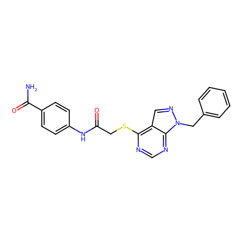 4-({[(1-benzyl-1H-pyrazolo[3,4-d]pyrimidin-4-yl)sulfanyl]acetyl}amino)benzamide structure