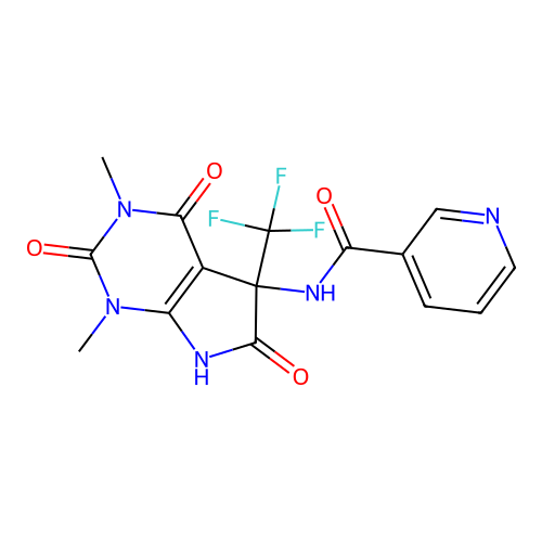 N-(1,3-dimethyl-2,4,6-trioxo-5-(trifluoromethyl)-2,3,4,5,6,7-hexahydro-1H-pyrrolo[2,3-d]pyrimidin-5-yl)nicotinamide structure