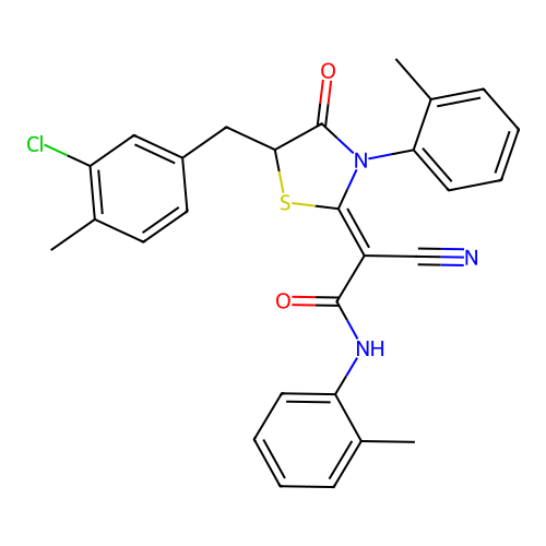 (2Z)-2-[5-(3-chloro-4-methylbenzyl)-3-(2-methylphenyl)-4-oxo-1,3-thiazolidin-2-ylidene]-2-cyano-N-(2-methylphenyl)ethanamide structure