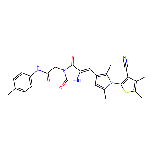 (Z)-2-(4-((1-(3-cyano-4,5-dimethylthiophen-2-yl)-2,5-dimethyl-1H-pyrrol-3-yl)methylene)-2,5-dioxoimidazolidin-1-yl)-N-(p-tolyl)acetamide structure