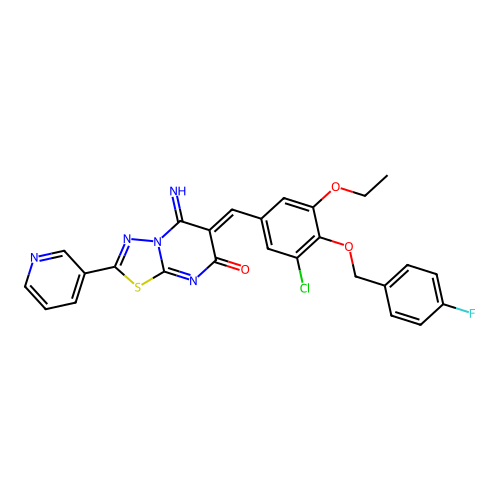 (6Z)-6-[[3-chloro-5-ethoxy-4-[(4-fluorophenyl)methoxy]phenyl]methylidene]-5-imino-2-pyridin-3-yl-[1,3,4]thiadiazolo[3,2-a]pyrimidin-7-one structure