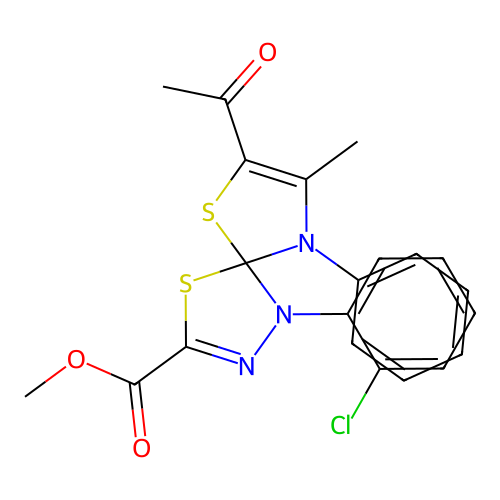 methyl 7-acetyl-1-(2-chlorophenyl)-8-methyl-9-phenyl-4,6-dithia-1,2,9-triazaspiro[4.4]nona-2,7-diene-3-carboxylate structure