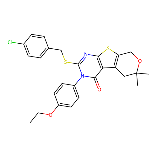 2-((4-chlorobenzyl)thio)-3-(4-ethoxyphenyl)-6,6-dimethyl-5,6-dihydro-3H-pyrano[4',3':4,5]thieno[2,3-d]pyrimidin-4(8H)-one structure