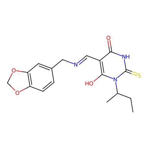 (5Z)-5-[(1,3-benzodioxol-5-ylmethylamino)methylidene]-1-butan-2-yl-2-sulfanylidene-1,3-diazinane-4,6-dione structure