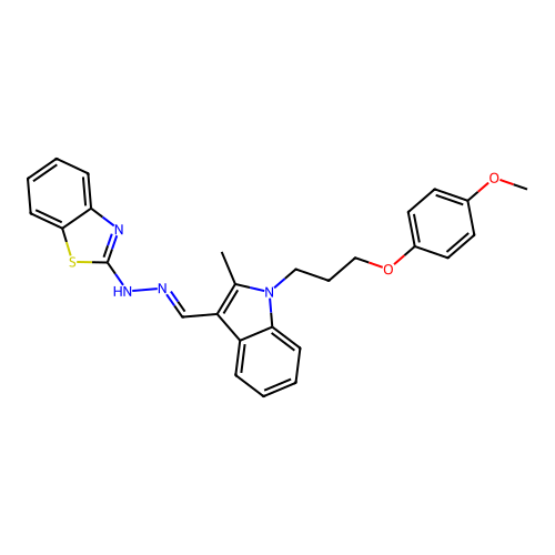 (2Z)-2-[(2E)-({1-[3-(4-methoxyphenoxy)propyl]-2-methyl-1H-indol-3-yl}methylidene)hydrazinylidene]-2,3-dihydro-1,3-benzothiazole structure