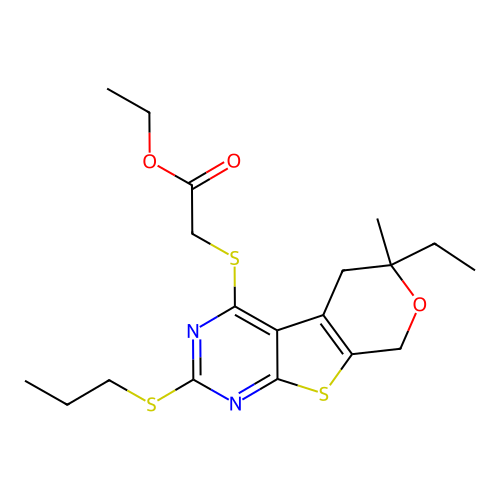 ethyl {[6-ethyl-6-methyl-2-(propylsulfanyl)-5,8-dihydro-6H-pyrano[4',3':4,5]thieno[2,3-d]pyrimidin-4-yl]sulfanyl}acetate structure
