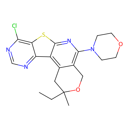 8-chloro-2-ethyl-2-methyl-5-(morpholin-4-yl)-1,4-dihydro-2H-pyrano[4'',3'':4',5']pyrido[3',2':4,5]thieno[3,2-d]pyrimidine structure