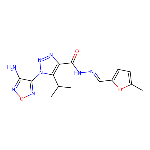 (E)-1-(4-amino-1,2,5-oxadiazol-3-yl)-5-isopropyl-N'-((5-methylfuran-2-yl)methylene)-1H-1,2,3-triazole-4-carbohydrazide structure