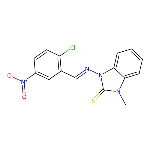 (E)-1-((2-chloro-5-nitrobenzylidene)amino)-3-methyl-1H-benzo[d]imidazole-2(3H)-thione structure