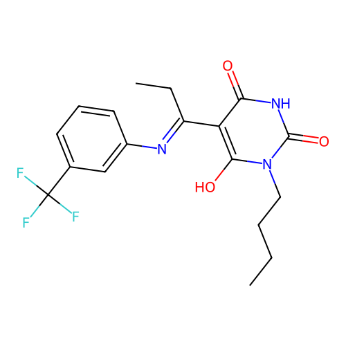 (5E)-1-butyl-5-[1-[3-(trifluoromethyl)anilino]propylidene]-1,3-diazinane-2,4,6-trione structure
