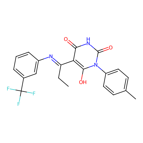 (5E)-1-(4-methylphenyl)-5-[1-[3-(trifluoromethyl)anilino]propylidene]-1,3-diazinane-2,4,6-trione structure