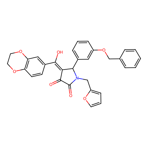 (4E)-4-[2,3-dihydro-1,4-benzodioxin-6-yl(hydroxy)methylidene]-1-(furan-2-ylmethyl)-5-(3-phenylmethoxyphenyl)pyrrolidine-2,3-dione structure
