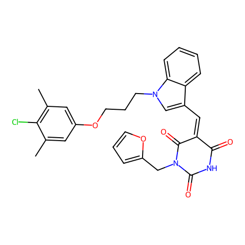 (Z)-5-((1-(3-(4-chloro-3,5-dimethylphenoxy)propyl)-1H-indol-3-yl)methylene)-1-(furan-2-ylmethyl)pyrimidine-2,4,6(1H,3H,5H)-trione structure