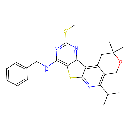 N-benzyl-2,2-dimethyl-10-(methylsulfanyl)-5-(propan-2-yl)-1,4-dihydro-2H-pyrano[4'',3'':4',5']pyrido[3',2':4,5]thieno[3,2-d]pyrimidin-8-amine structure