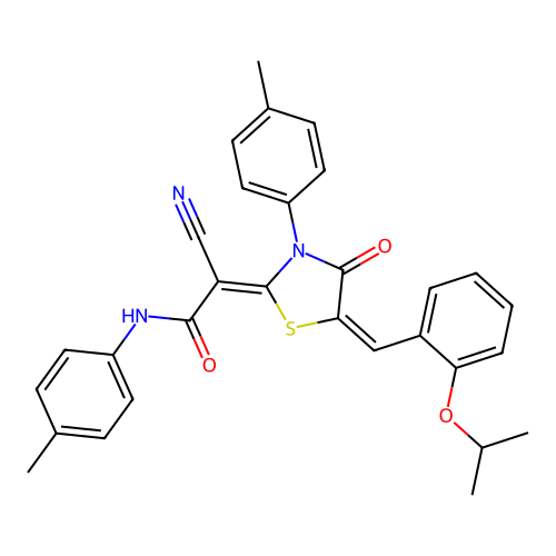 (2Z)-2-cyano-N-(4-methylphenyl)-2-[(5E)-3-(4-methylphenyl)-4-oxo-5-[(2-propan-2-yloxyphenyl)methylidene]-1,3-thiazolidin-2-ylidene]acetamide structure