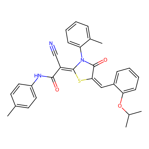 (2Z)-2-cyano-N-(4-methylphenyl)-2-[(5E)-3-(2-methylphenyl)-4-oxo-5-[(2-propan-2-yloxyphenyl)methylidene]-1,3-thiazolidin-2-ylidene]acetamide structure